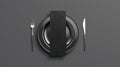 Blank dark checklist mockup on plate with cutlery, top view,