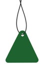 Blank Dark Green Cardboard Sale Tag And String, Empty Price Label Triangle Badge Background, Vertical Hanging Isolated Macro