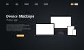 Blank device mock up. Realistic smartphone, tablet, laptop, notebook, monitor with blank screen and shadow. Dark theme. Web page