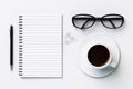 Blank diary, cup of coffee, pen and glasses