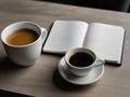 A blank diary note book and a cup of hot coffee on table