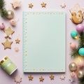 Blank diary notebook, Christmas theme generated, gold balls, stars, AI generate.