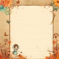 Blank diary notepad, cute cartoon, mini flower, little girl, AI generated.