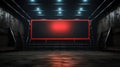 Blank digital billboard in dark factory or train station, screen mockup with red light. Space for advertising in urban underground