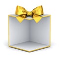 Blank display gift box backdrop or open present box showcase with gold ribbon bow isolated on white background Royalty Free Stock Photo