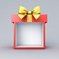 Blank display red present box showcase stand or red gift box mock up with golden ribbon bow on white grey background Royalty Free Stock Photo
