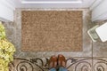 Blank doormat before the door in the hall. Mat on ceramic floor, flowers and shoes. Welcome home, product Mockup