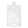 Blank Doypack Vector. Realistic White Doy-pack Food Or Drink Flexible Pouch Bag Packaging With Corner Spout Lid. Mock Up
