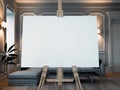 Blank easel with white canvas in modern room interior. 3D rendering.