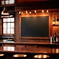 Blank, empty blackboard sign on wall behind bar in restaurant Royalty Free Stock Photo