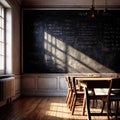 Blank, empty, blackboard for written message, in retro vintage classroom