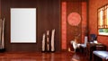 Blank empty canvas picture frame for mock up in Chinese traditional style living room, 3D Rendering