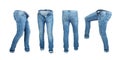 Blank empty jeans pants leftside, rightside, frontside and backside in moving isolated Royalty Free Stock Photo