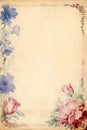 Blank empty parchment page with peonies and cornflowers border, slightly grungy edges