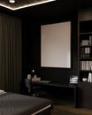 A blank empty picture frame mockup on a black wall in a modern black bedroom Royalty Free Stock Photo