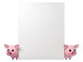 Blank empty poster canvas with cartoon smiling piglet on white background with CLIPPING PATH, 3d rendering