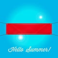 Blank Empty Red Banner. Vinyl Banner with Grommets. Hello Summer Sunny Blue Background