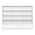 Blank Empty Showcase Display With Retail Shelves. 3D. Front View. Mock Up, Template. Vector EPS10