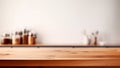 Blank empty space, wood kitchen counter top, white wall background.Generative AI Royalty Free Stock Photo