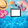 Blank empty tablet computer on beach. Summer Royalty Free Stock Photo