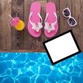 Blank empty tablet computer, summer accessories on Royalty Free Stock Photo