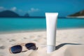 Blank empty white plastic tube Sunscreen lotion on sand, AI