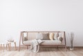Blank empty white wall in stylish modern wooden living room. Scandinavian style. Rattan home decor.