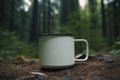 Blank enamel coffee cup mockup, camping mug in forest