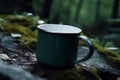 Blank enamel coffee cup mockup, camping mug in forest