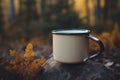 Blank enamel coffee cup mockup, empty camping mug in wild nature, presentation