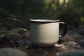 Blank enamel coffee cup mockup, empty camping mug in wild nature, presentation