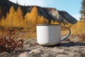 Blank enamel coffee cup mockup, empty camping mug in wild nature, presentation