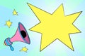 Blank flash bubble illustration with pink megaphone and stars.