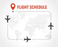 Blank Flight schedule, border of frame on political world map background. Airplane route with planes on path and pin on