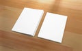 Blank folder and letterhead on wooden background.