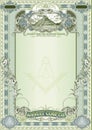 Vertical form for creating certificates, diplomas, bills and other securities. Classic design with Masonic symbols. Multicolor in