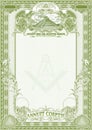 Vertical form for creating certificates, diplomas, bills and other securities. Classic design with Masonic symbols, in green.