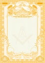 Vertical form for creating certificates, diplomas, bills and other securities. Classic design with Masonic symbols, in gold color.