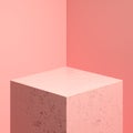 Blank Foursquare Showcase Of Living Coral Color with Empty Space On Pedestal. 3d rendering. Minimalism Concept.