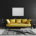 Blank frame on black wall, horizontal picture frame mock up in dark modern interior background with yellow sofa, scandinavian Royalty Free Stock Photo