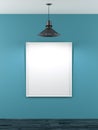 Blank frame in blue room with ceiling lamp