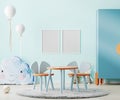 Blank frame mock up in blue children room interior with kids table and toys, child playroom interior background, 3d rendering Royalty Free Stock Photo