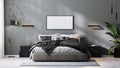 blank frame mock up in modern bedroom interior in gray tones, 3d rendering.