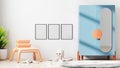 Blank frame mock up in modern children room interior background with white wall, scandinavian kids room interior, nursery room, 3d Royalty Free Stock Photo