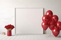 Blank frame mock up with red balloons and bouquet of tulips in interior. 3D rendering, mock up poster in interior background with Royalty Free Stock Photo