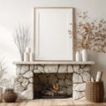 Blank Frame Mockup Above Stone Fireplace Royalty Free Stock Photo