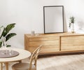 blank frame mockup on wooden dresser in dining room, home interior mockup, 3d rendering