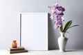 Blank Frame With Orchids In Vase Next To It On White Background. Generative AI