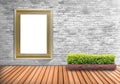 Blank frame vintage on a concrete wall with tree pot on wood flo Royalty Free Stock Photo