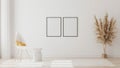 Blank frames on white wall in empty room with column and white chair with yellow pillow, coffee table , 3d rendering Royalty Free Stock Photo